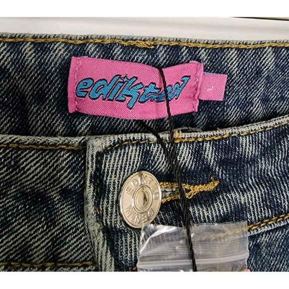 Size Large NWT Edikted Leopard Heart Pockets Wide Leg Jeans Blue Washed - Picture 3 of 6